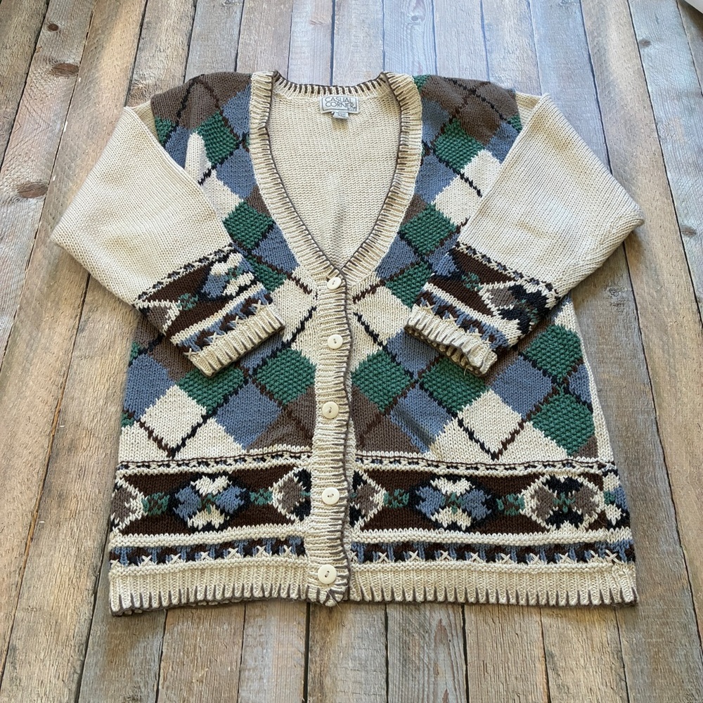 Vintage Casual Corner Cream and Green Argyle Cardigan medium cotton ramie